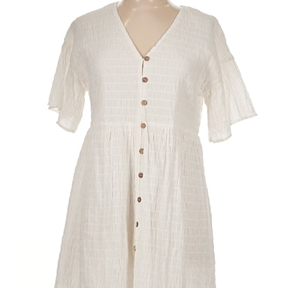 Textured White Button-Front Dress